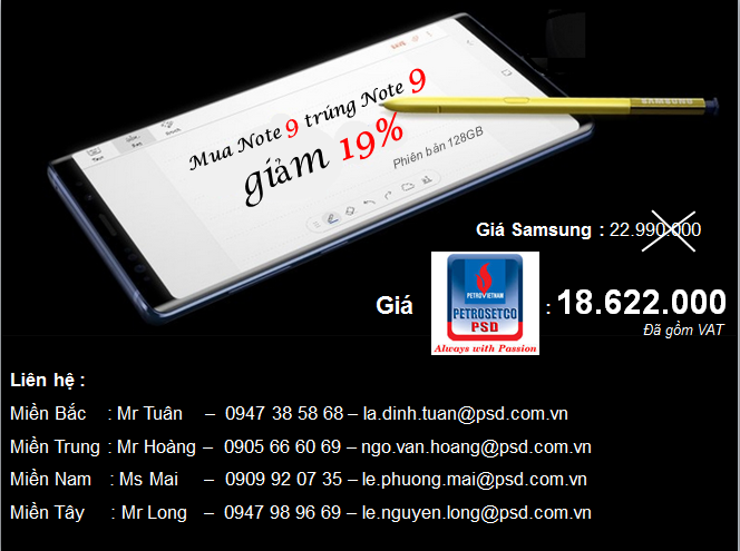 Mua Samsung Galaxy Note 9 - trúng thêm Note 9 - ưu đãi 19% (chỉ áp dụng nội bộ PVN)