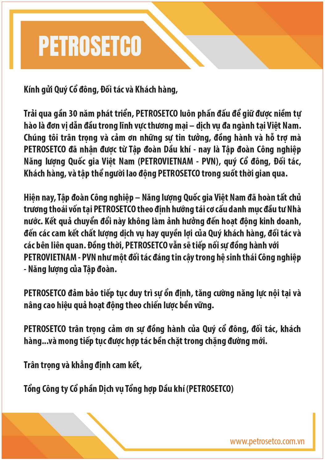 PETROSETCO bước vào chặng đường phát triển mới – Kiên định cam kết, vững vàng tương lai