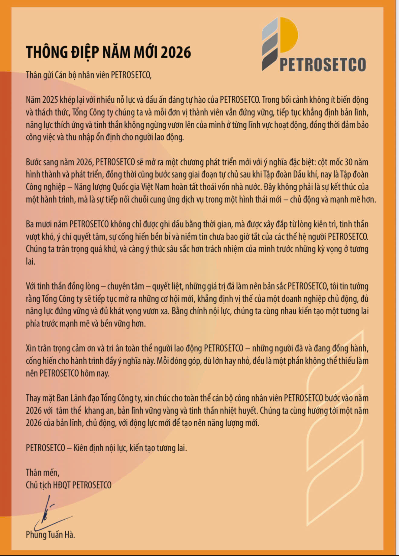 THÔNG ĐIỆP NĂM MỚI 2026 CỦA CHỦ TỊCH HỘI ĐỒNG QUẢN TRỊ TỔNG CÔNG TY