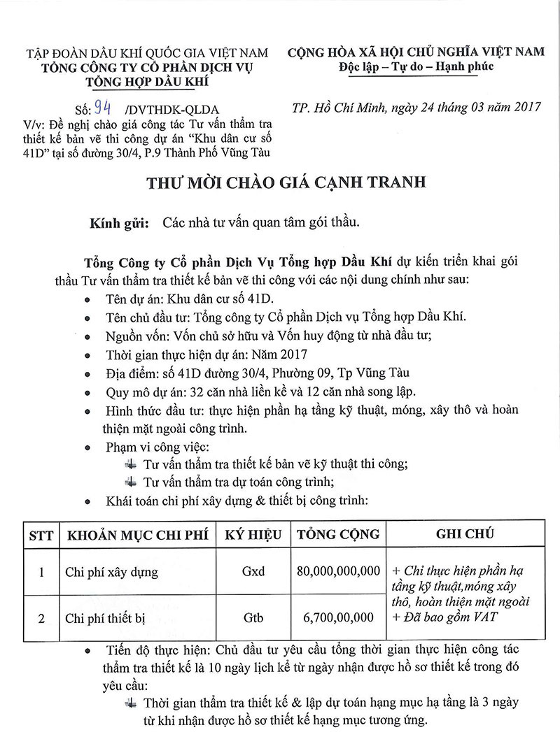 Công văn đề nghị chào giá tư vấn tham gia thiết kế